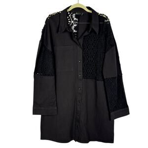 ASOS Black Floral Crochet Patch Button Up Long Sleeve Relaxed Fit Top Jacket 10